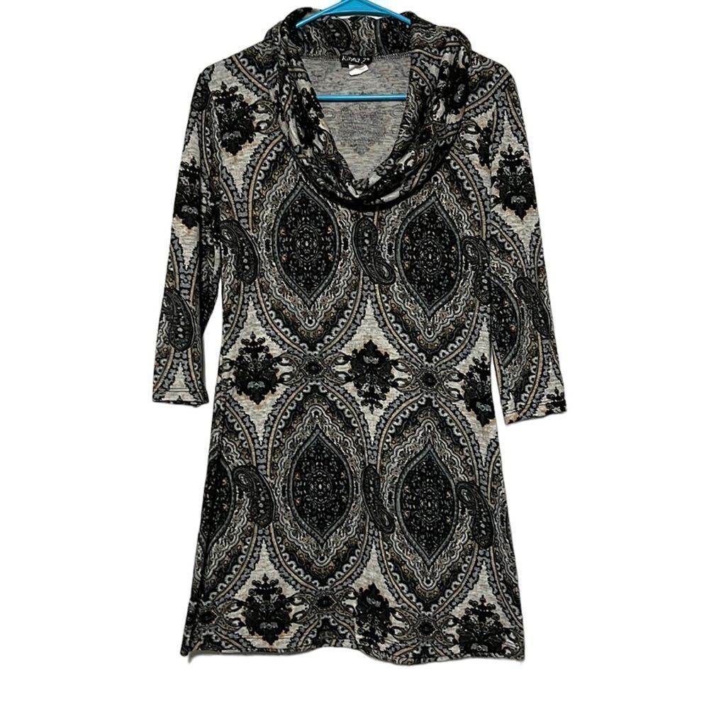 Sweater Dress Woman’s Small 3/4 Sleeve Cowl Neck Patterned Soft Casual Rayna Z